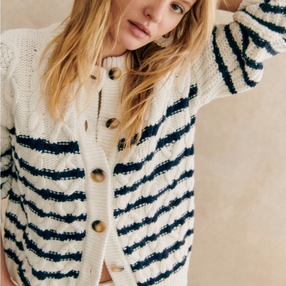 Sezane Sean Cardigan Ecru / Navy - Size XL - Picture 3 of 7